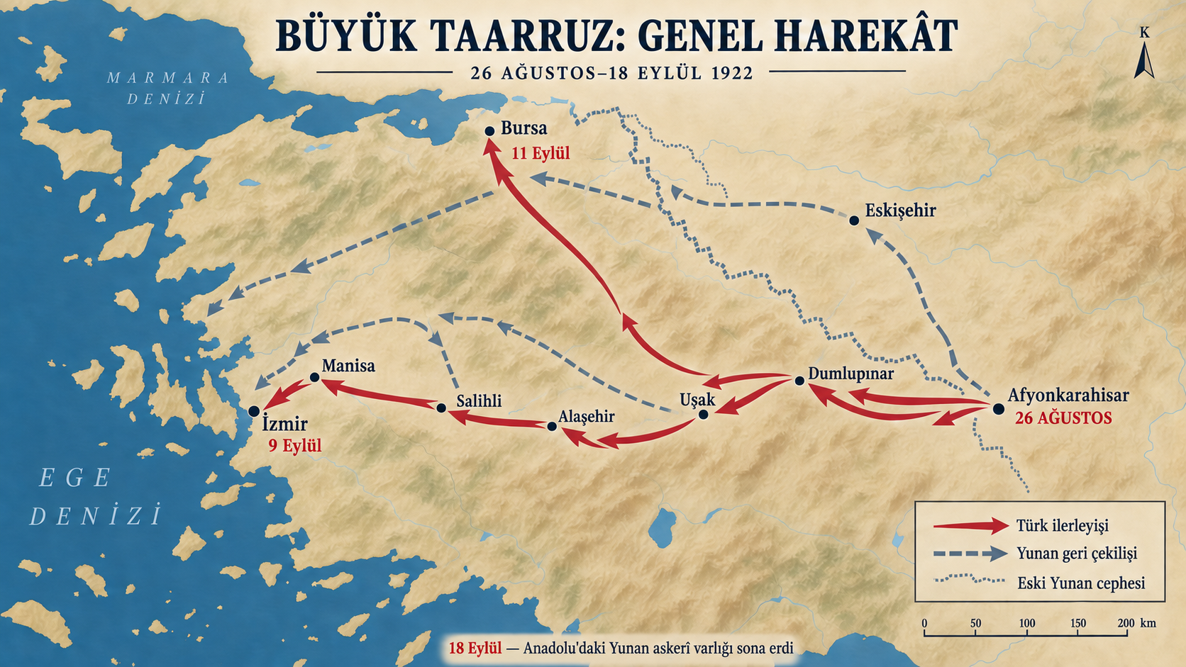 Büyük Taarruz'un Afyonkarahisar'dan İzmir ve Bursa yönlerine genel harekât haritası