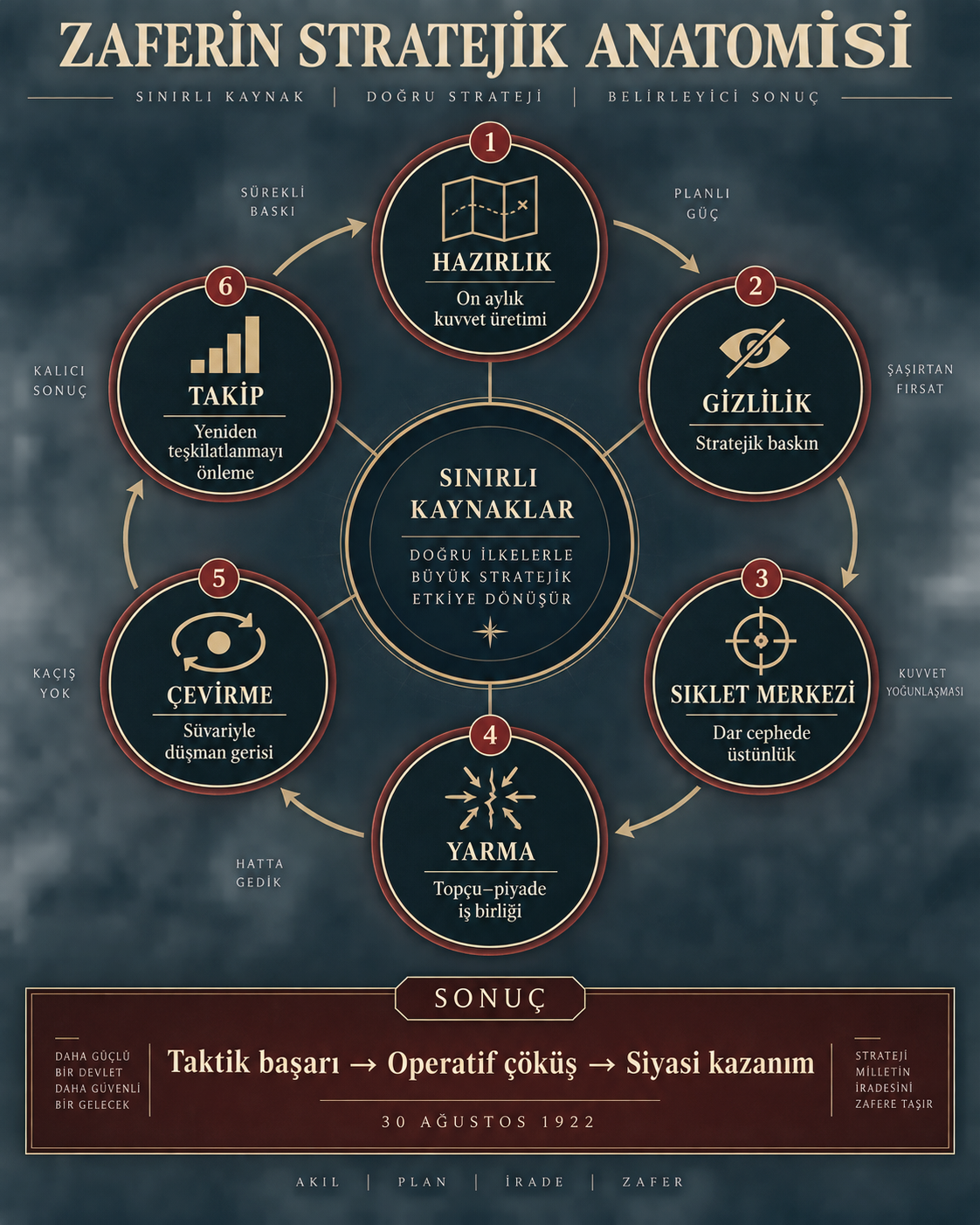 Büyük Taarruz'da hazırlık, gizlilik, kuvvet yoğunluğu, yarma, çevirme ve takip aşamalarını gösteren infografik